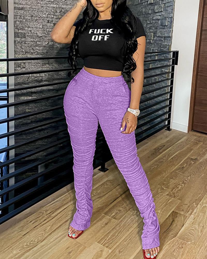 

Letter Print Short Sleeve Top & Pants Set, Purple