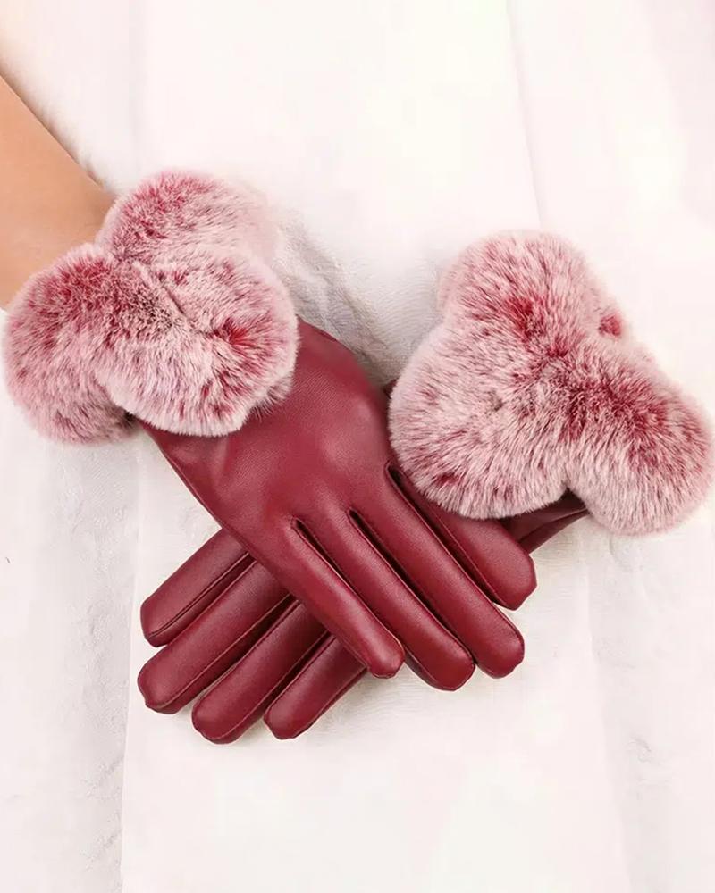 

1Pair Outdoor Driving Warm Faux Rabbit Fur PU Leather Touch Screen Mittens Winter Snow Protection Gloves, Wine red