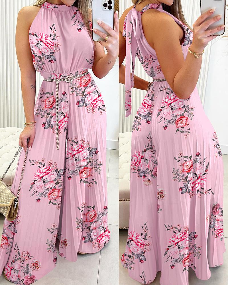 

Floral Print Sleeveless Pleated Wide Leg Jumpsuit, Pink