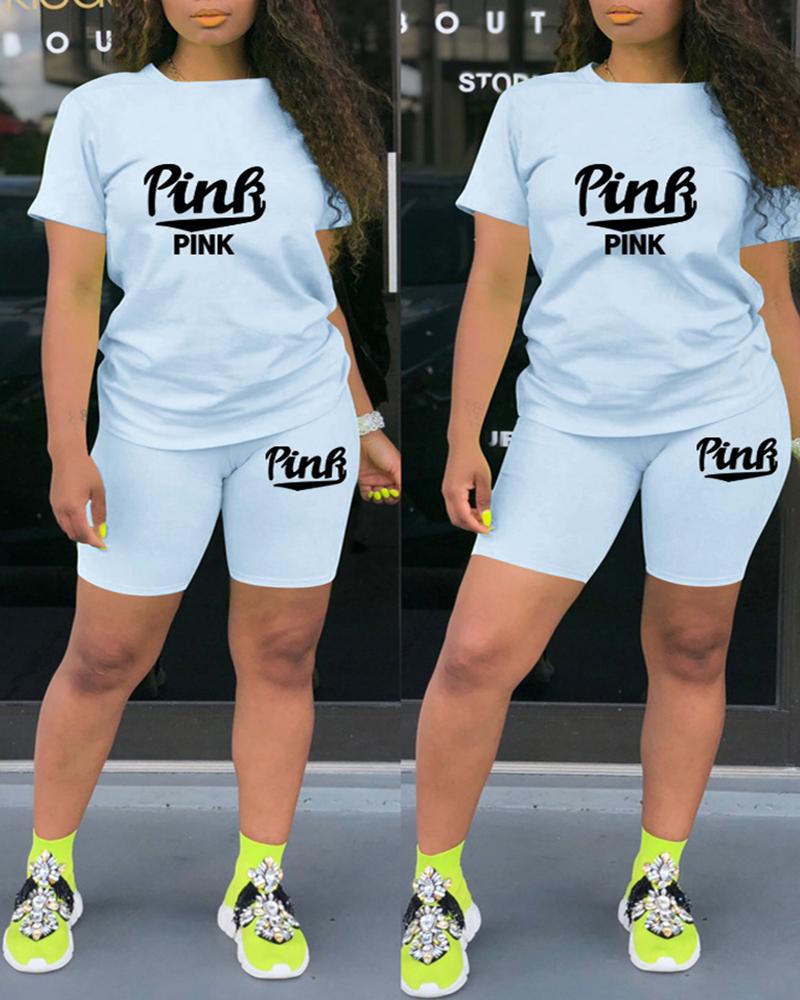 

Short Sleeve Letter Print Top & Shorts Set, Lighted blue