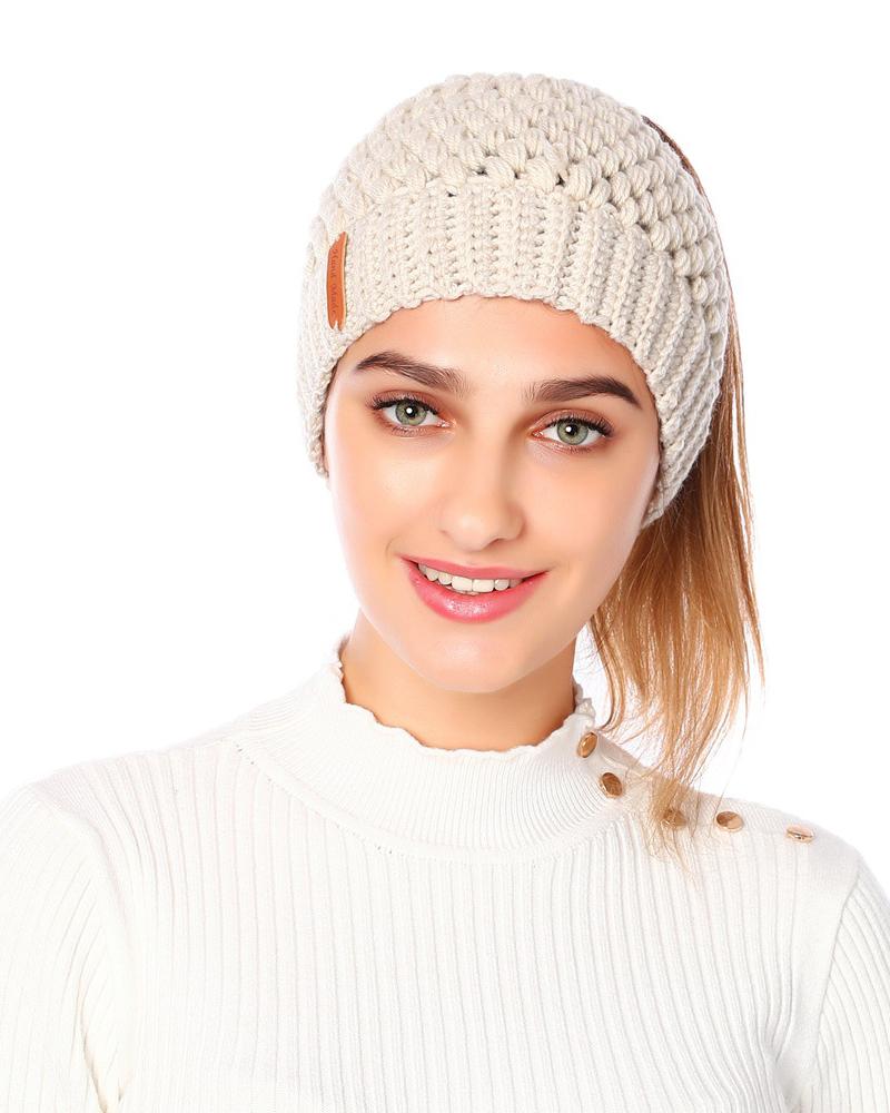 

Braided Beanie With Ponytail Hole, Beige