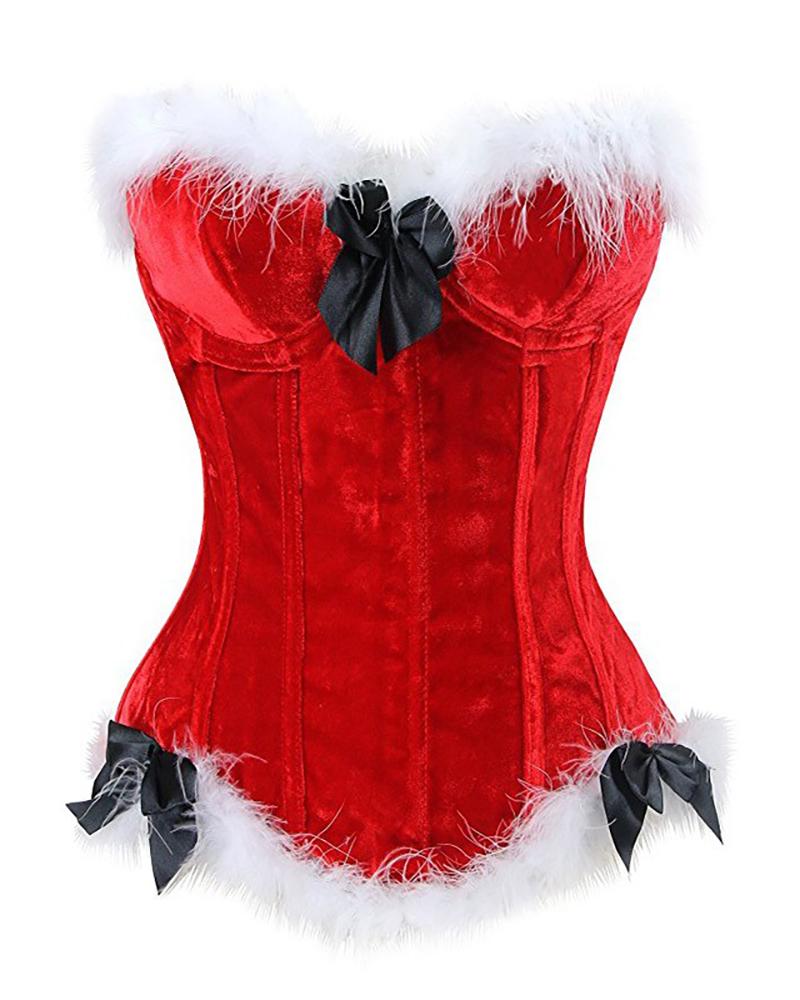 

Eyelet Lace-up Bandeau Feather Detail Christmas Costumes, Red