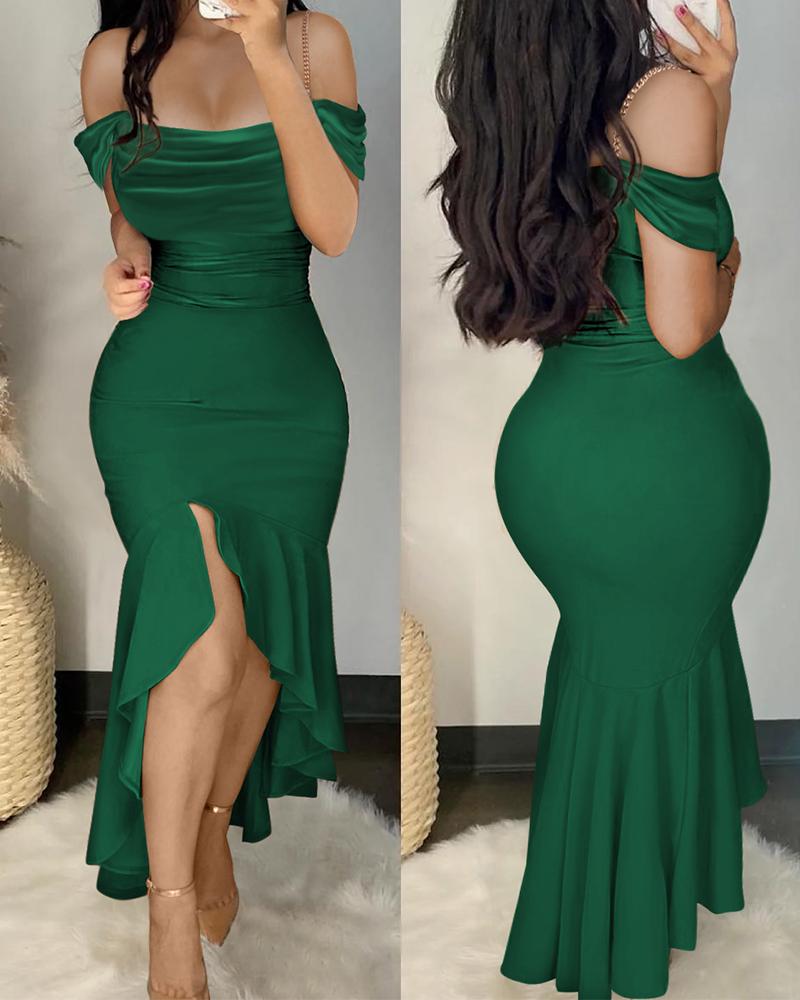 

Chain Decor Cold Shoulder Mermaid Dress, Green