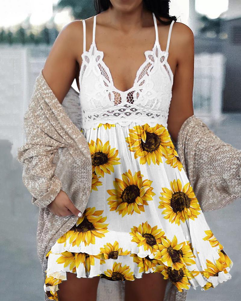 

Sunflower Print Double Strap Ruffles Casual Swing Dress, White