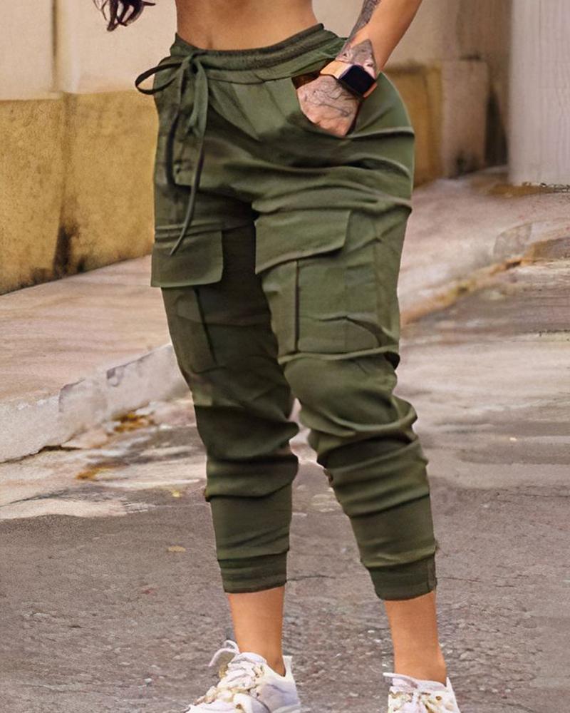

Pocket Design Drawstring Cuffed Cargo Pants, Green