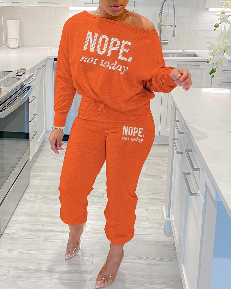 

Plus Size Rhinestone Nope Not Today Pattern Top & Pants Set, Orange