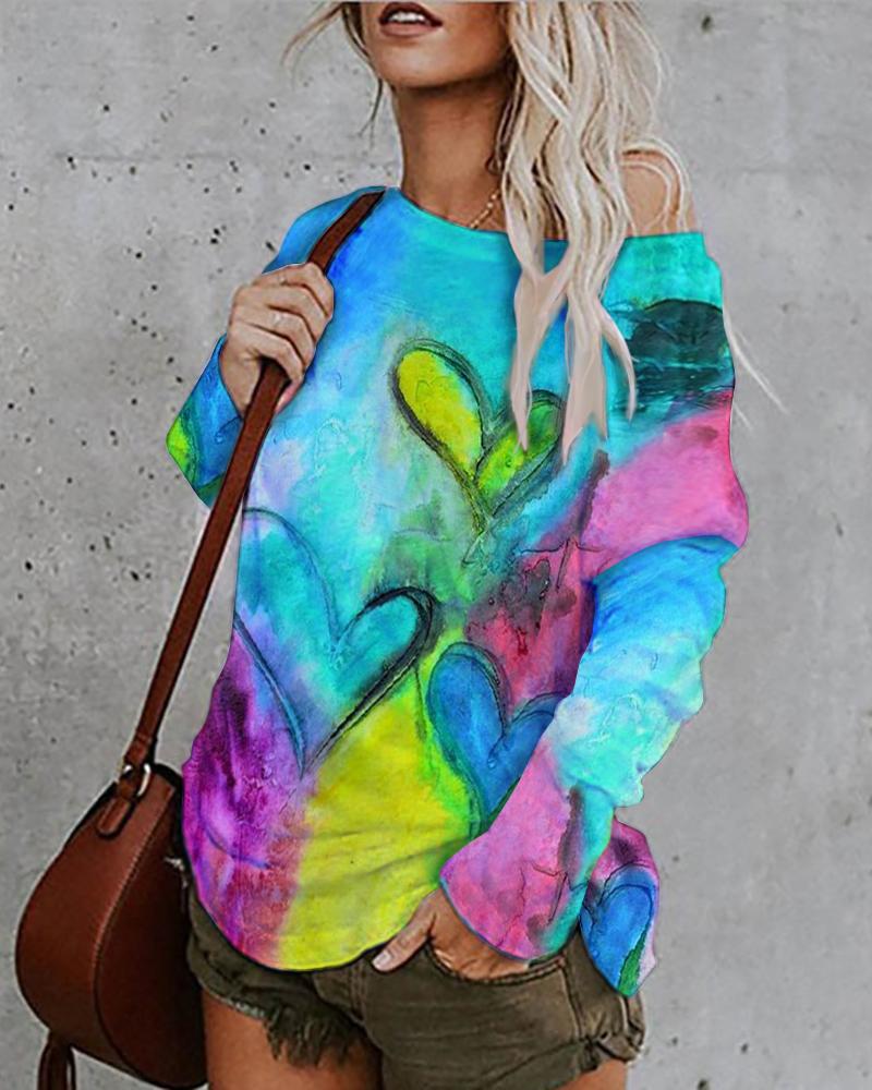 

Heart Pattern Print Colorblock Long Sleeve Casual Top, Multicolor