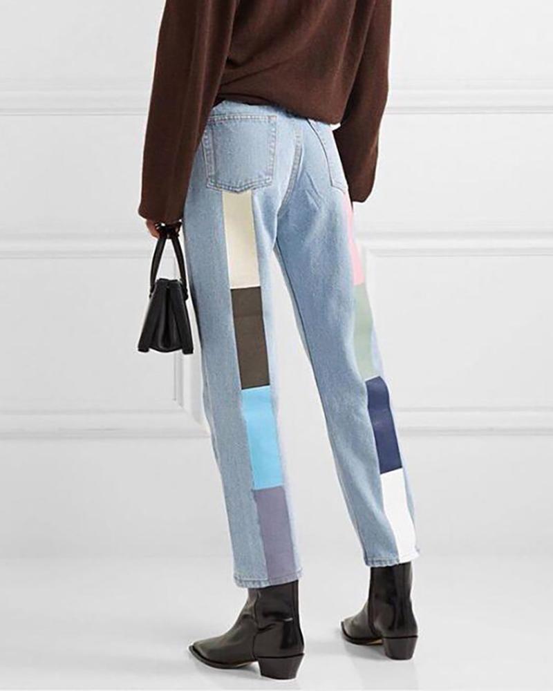 

Colorblock High Waist Pocket Design Denim Pants, Multicolor