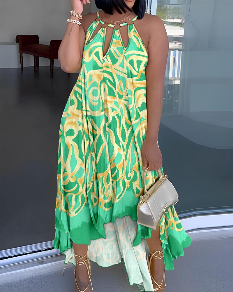 

Plus Size Abstract Print O-Ring Decor Asymmetrical Casual Dress, Green