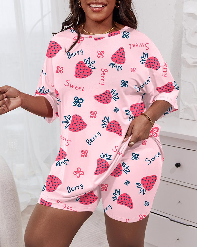 

Plus Size Strawberry Letter Print Short Sleeve Pajamas Set, Pink
