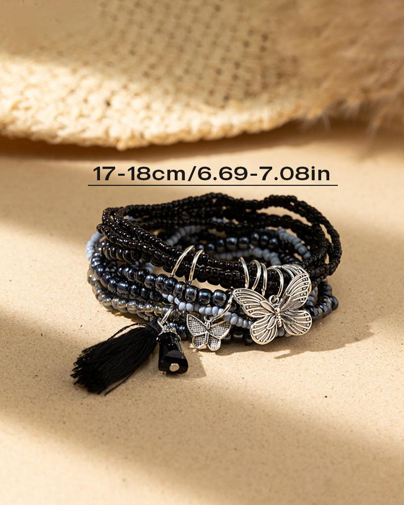 

5 piezas Set de pulsera con borlas y patrón de mariposa, Black