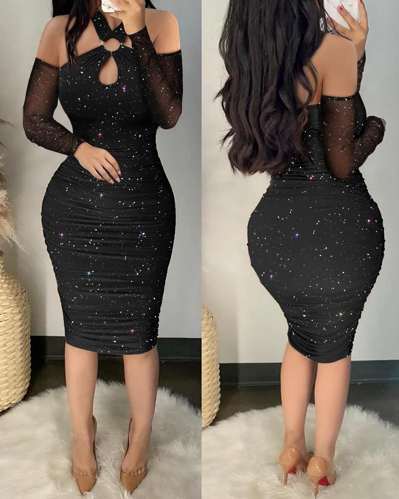 

Glitter O-Ring Cutout Cold Shoulder Ruched Party Dress, Black