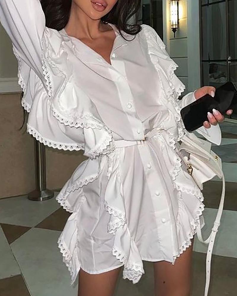 

O-Neck Ruffle Hem Lace Trim Buttoned Casual Dress, White