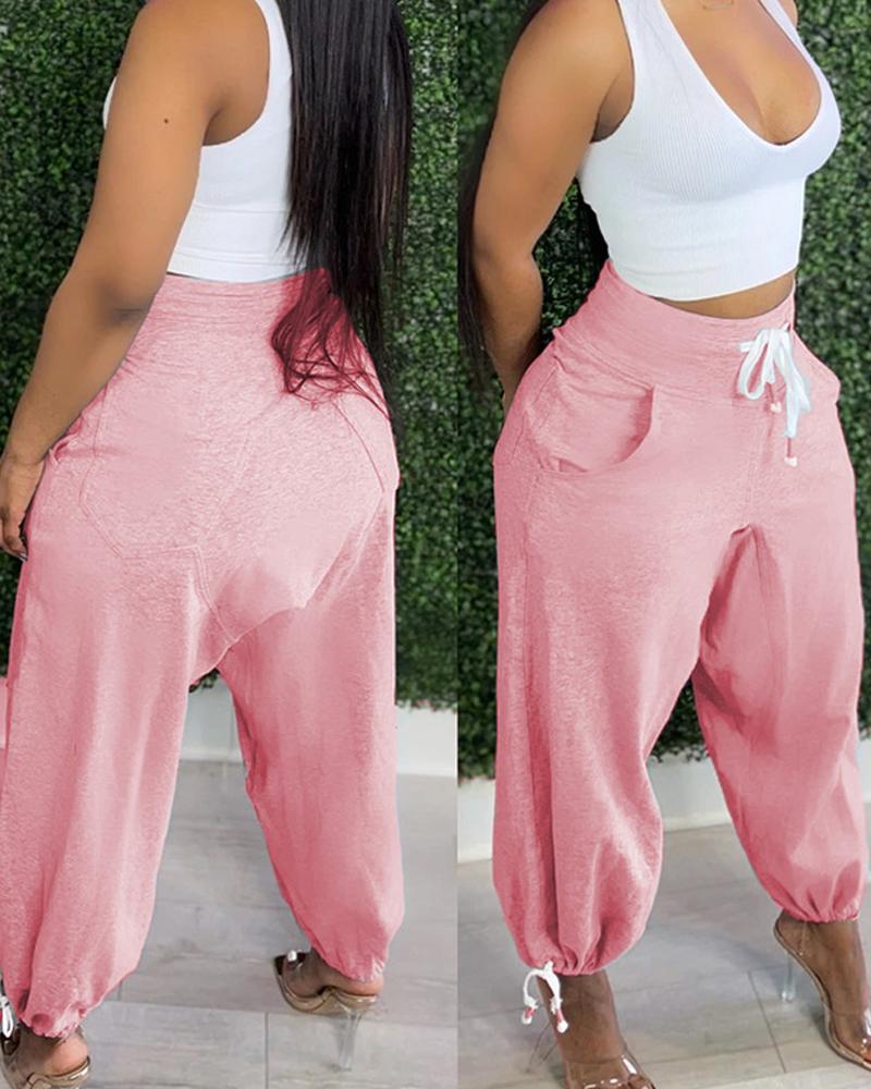 

Drawstring Pocket Design Casual Pants, Pink