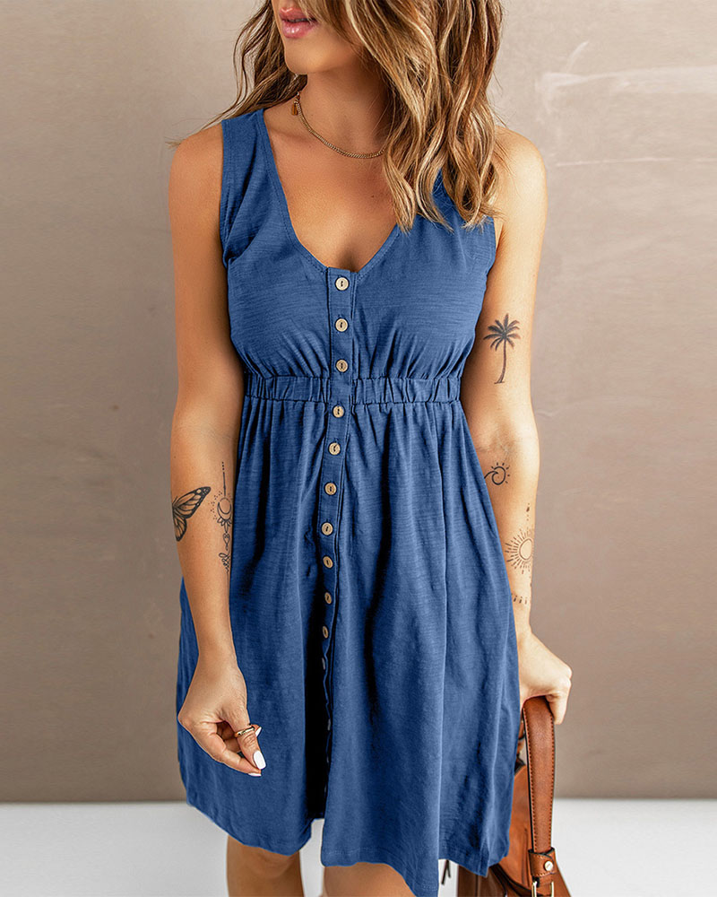 

Button Front Sleeveless V-Neck Casual Dress, Blue