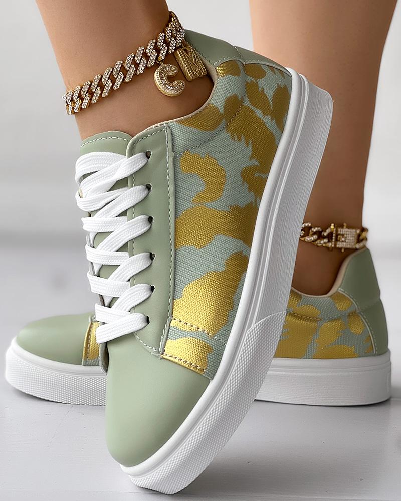 

Cow Print Lace-up Casual Sneakers, Green
