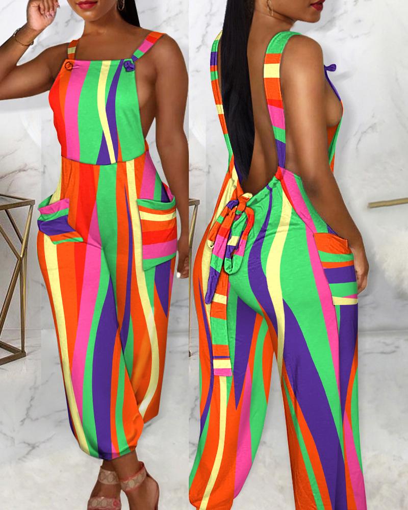 

Colorblock Backless Pocket Detail Suspender Jumpsuit, Multicolor