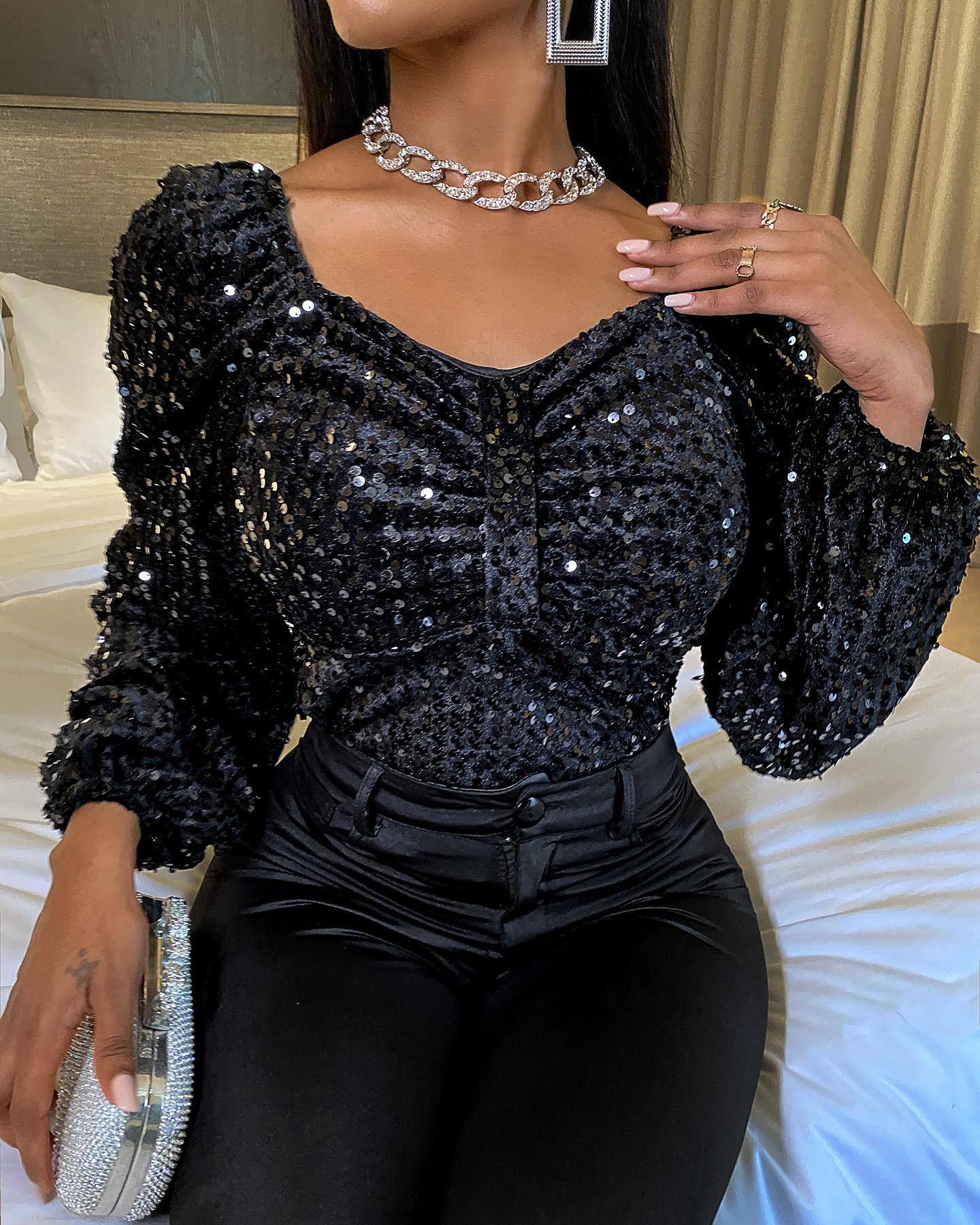 

Sequins Lantern Sleeve Top, Black