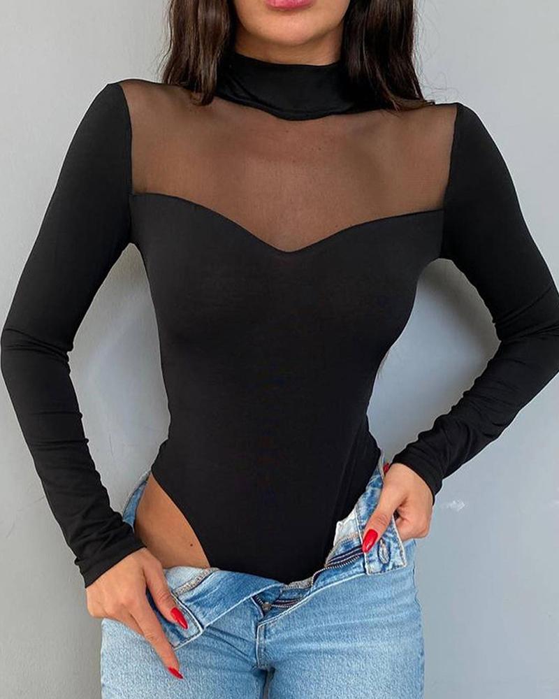 

Contrast Mesh Long Sleeve Bodysuit, Black