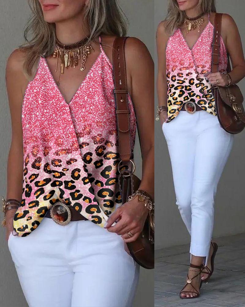 

Contrast Leopard Print Halter Wrap Tank Top, Pink