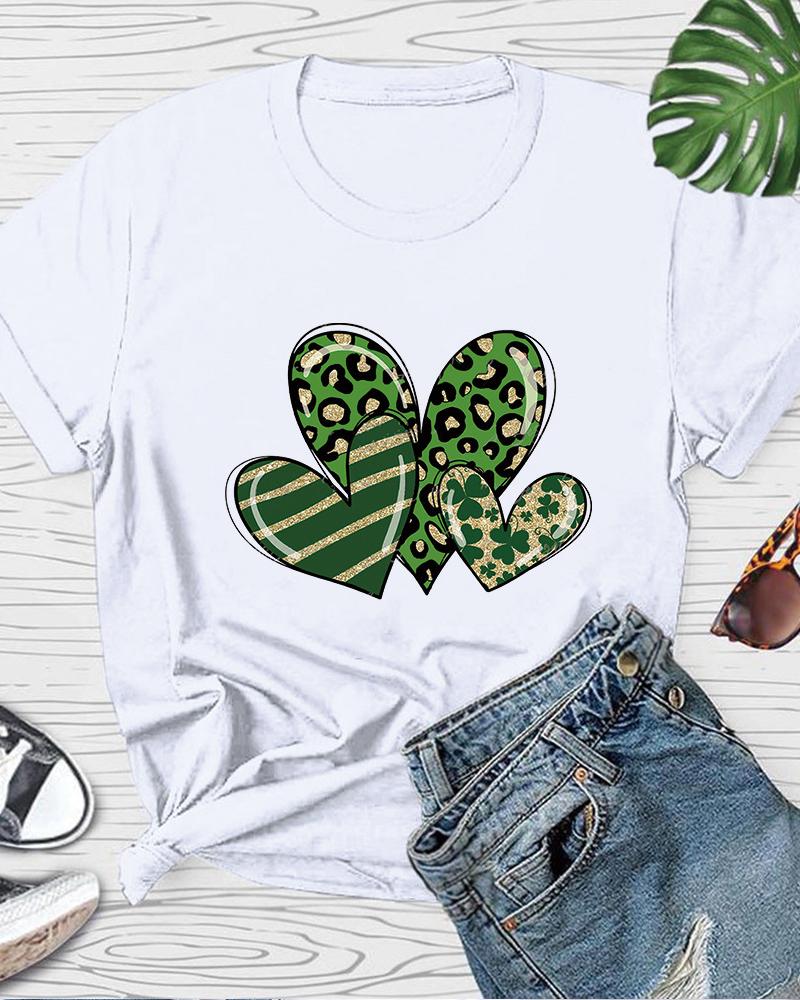 

St. Patrick' Day Clover Heart Print Casual T-shirt, White