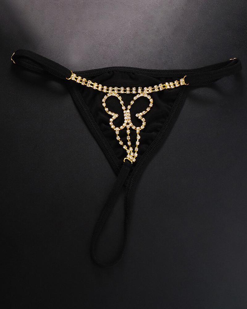 

1pc Rhinestone Butterfly Chain Decor Hollow Out Thong Panty, Gold