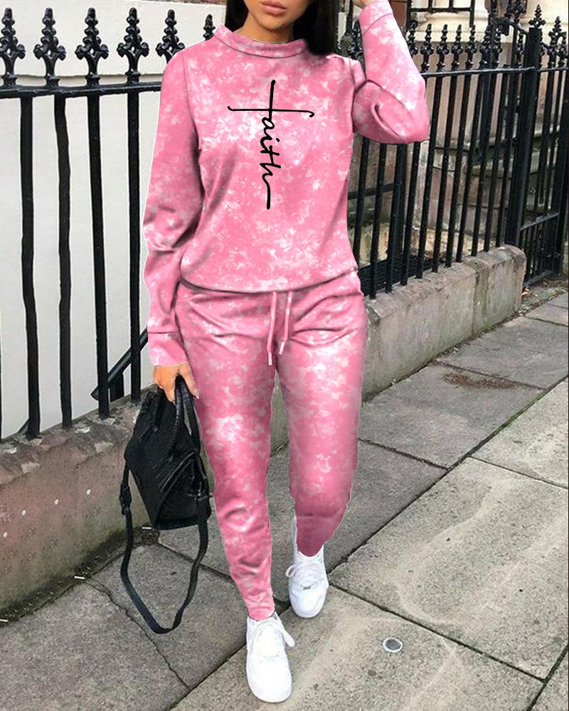 

Letter Print Long Sleeve Sweatshirt & Drawstring Pants Set, Pink