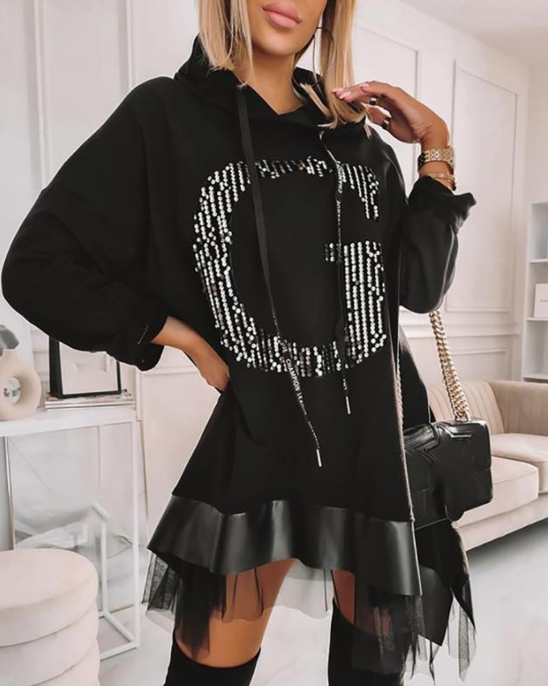 

Sequins Ruched Sheer Mesh Hooded Sweatshirt Casual Dress, Black