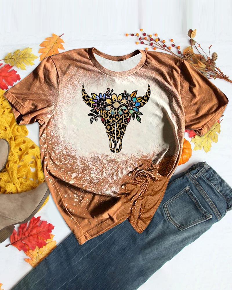 

Leopard Floral Highland Cattle Print Casual T-shirt, Khaki