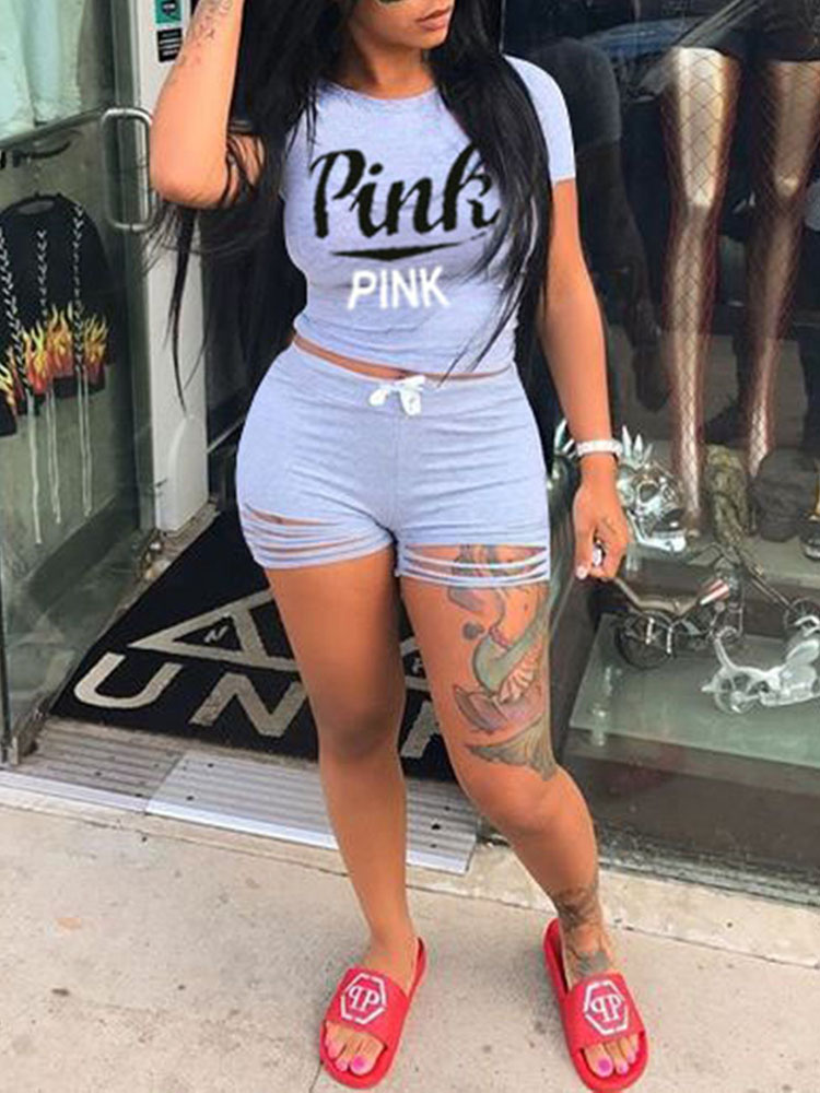 

Letter Print Tee & Ripped Shorts Sets, Gray