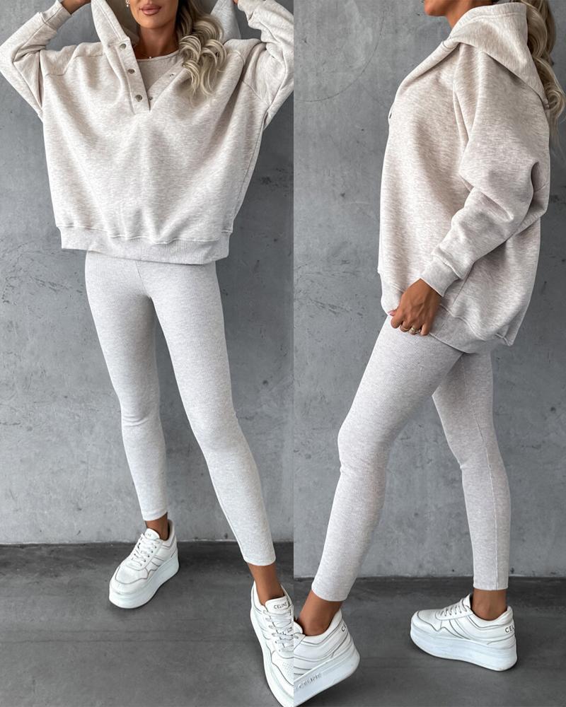 

O-neck Tank Top & Pants Set With Hooded Coat, Apricot