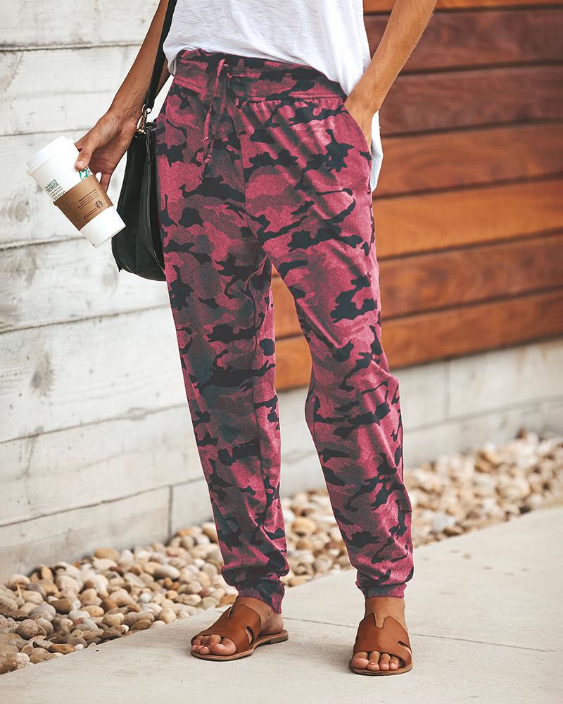 

Camo Print Drawstring Casual Pants, Hot pink