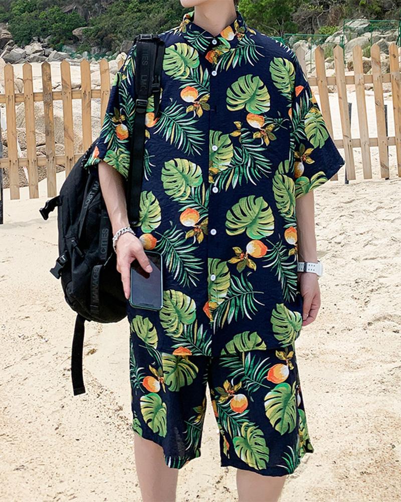 

Hawaii Print Short Sleeve Button-up Shirts With Shorts Suit Sets, Multicolor