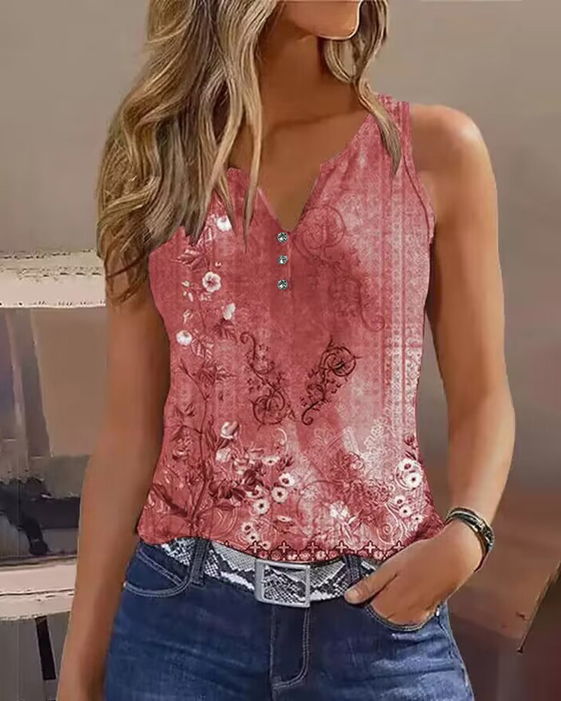

Floral Print Sleeveless Casual Tank Top, Red