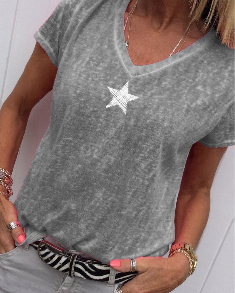 

Star Print V-neck Casual T-shirt, Gray