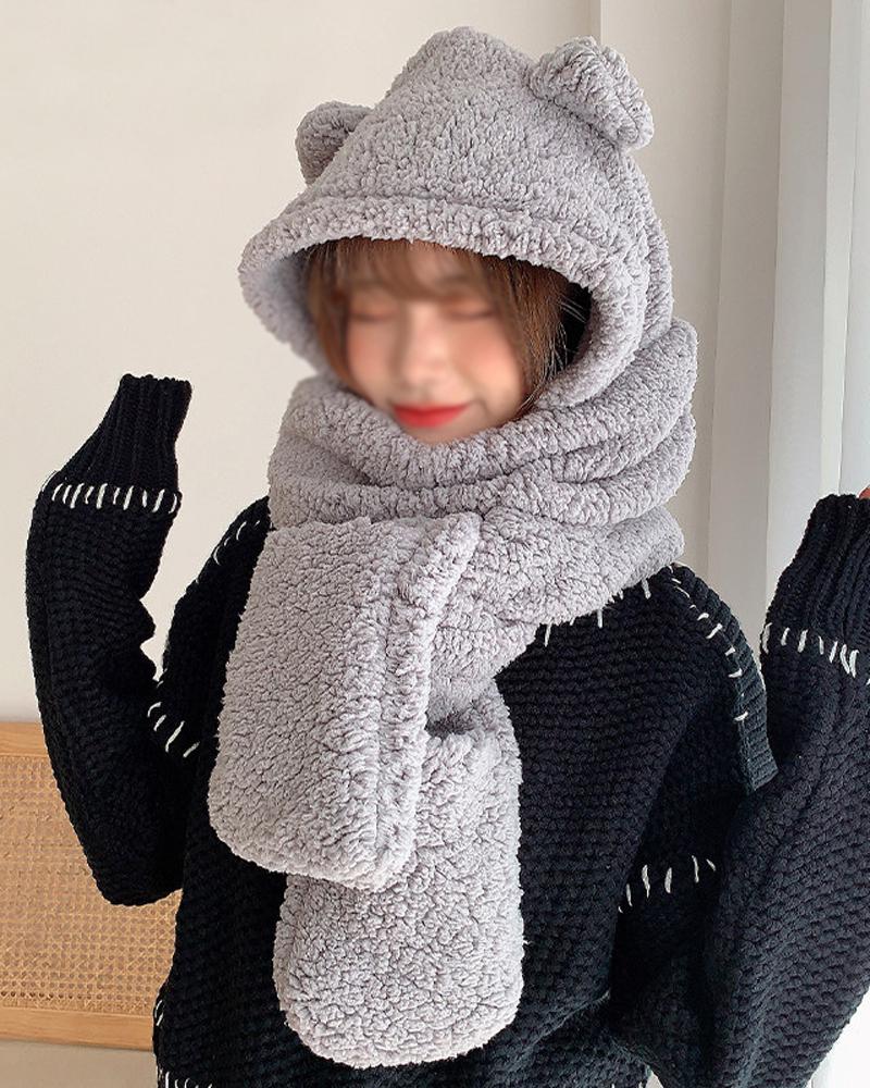 

1pc Fluffy Hat Long Scarf With Glove Pocket 3-in-1 Warm Hooded Scarf, Gray