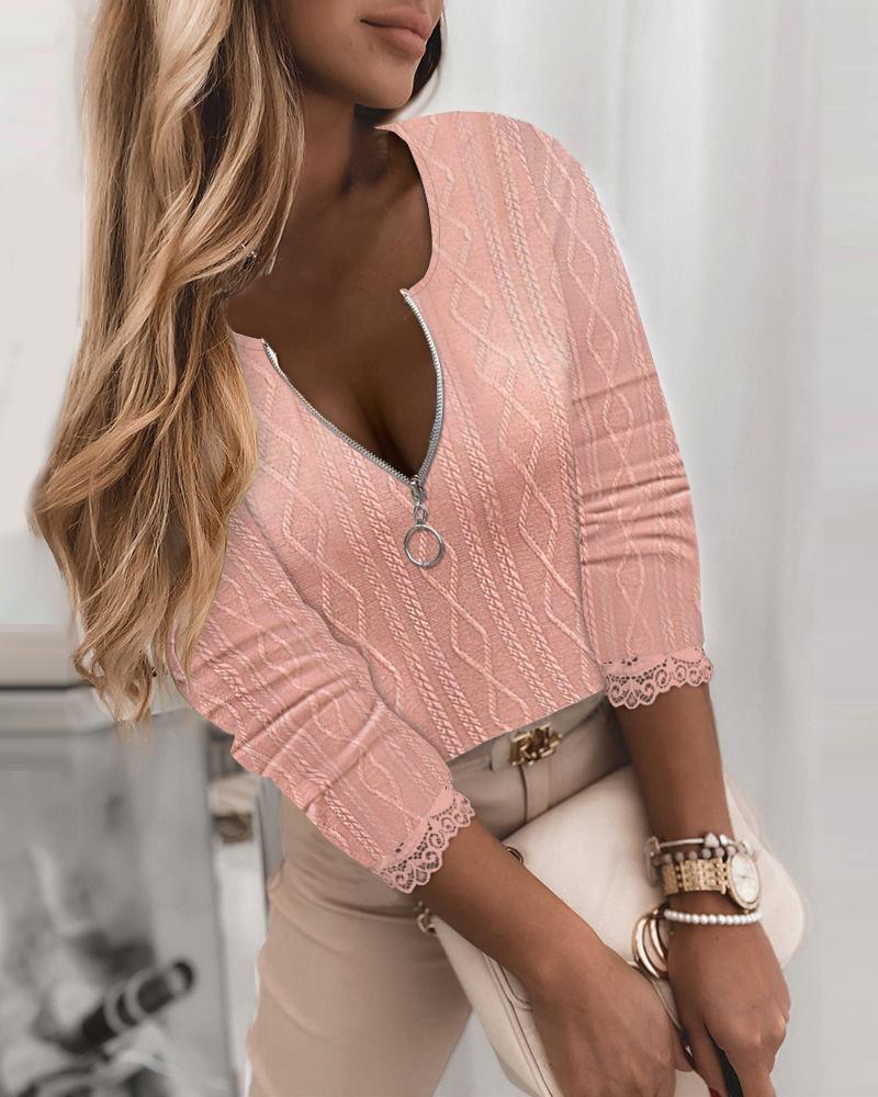 

Lace Patch Cable Textured Top, Pink