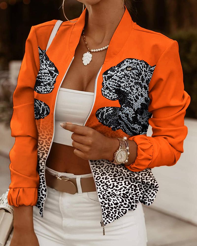 

Cheetah Print Long Sleeve Zip Front Jacket Casual Short Coats, Orange