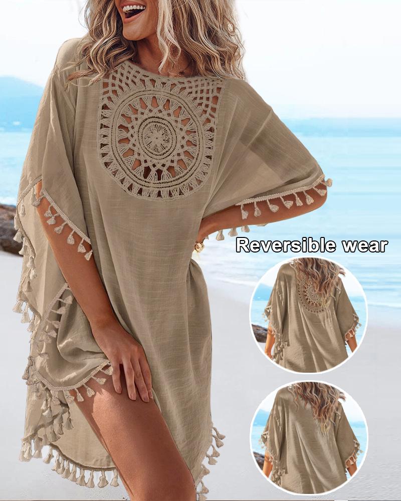 

Reversible-wear Graphic Pattern Hollow-out Batwing Sleeve Round Neck Tassel Cover Up Vacation Top, Khaki