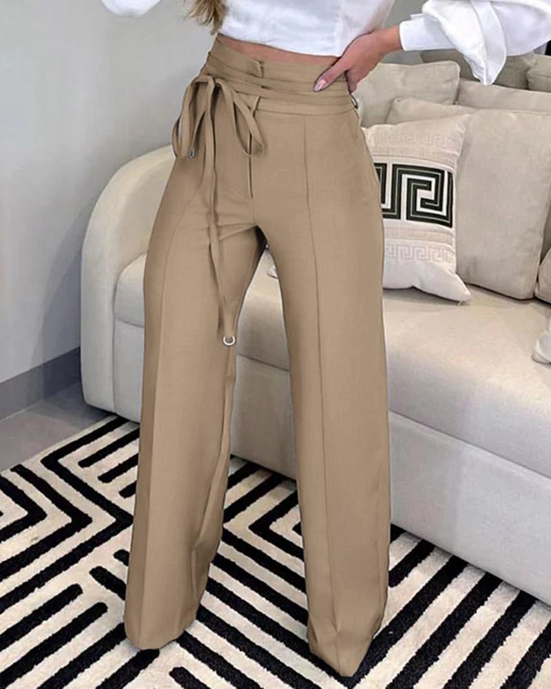 

Tied Detail Straight Leg Work Pants, Brown
