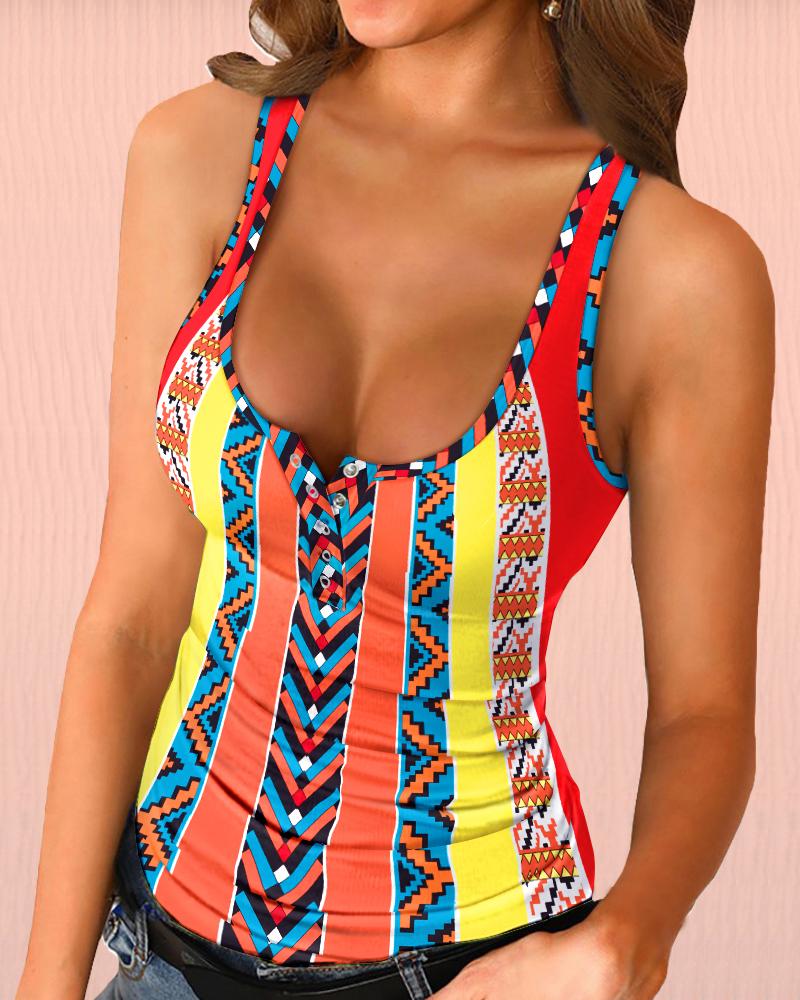 

Aztec Geometric Print U-Neck Tank Top, Multicolor