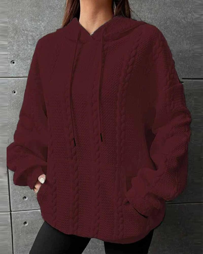 

Pocket Design Drawstring Wheat Textured Hoodie, Wine red