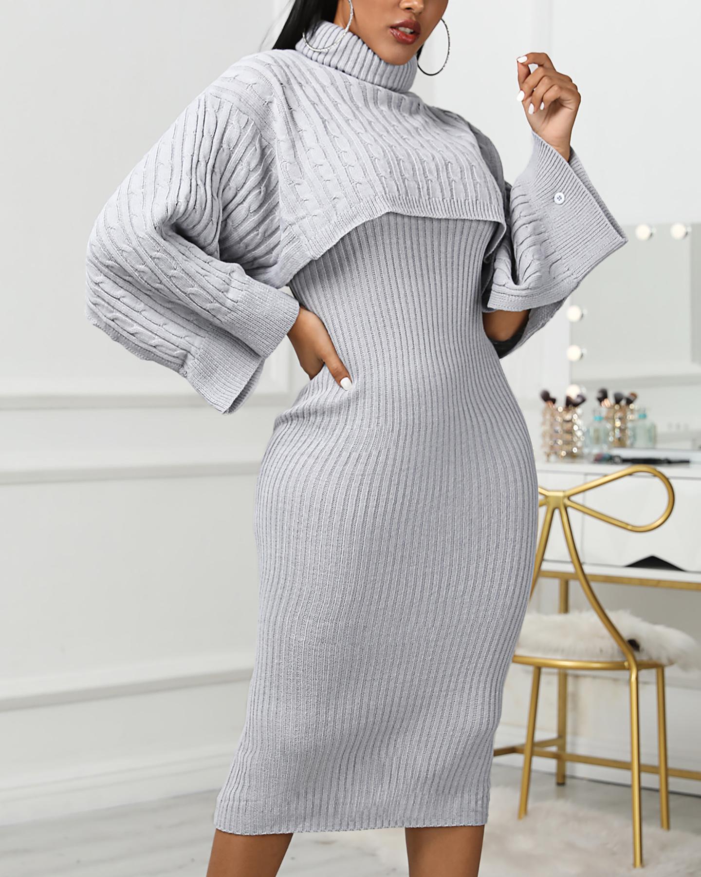 

Solid High Neck Ribbed Sweater & Thin Strap Women Dress Sets, Gray