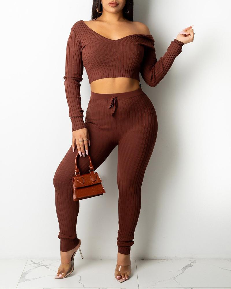 

Ribbed Long Sleeve Crop Top & Drawstring Pants Set, Coffee