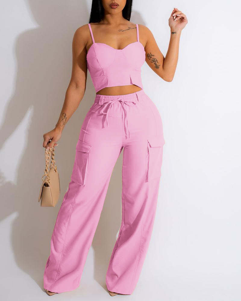 

Crop Cami Top & Pocket Design Pants Set, Pink