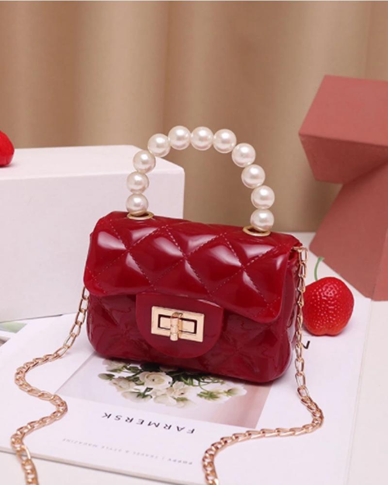 

Quilted Twist Lock Beaded Handle Mini Satchel Bag, Red