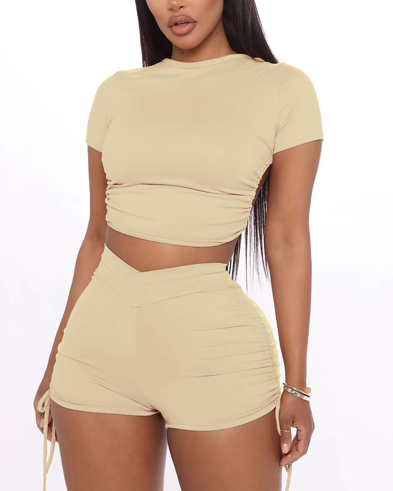 

Tie Back Crop Top & Drawstring Shorts Set, Apricot