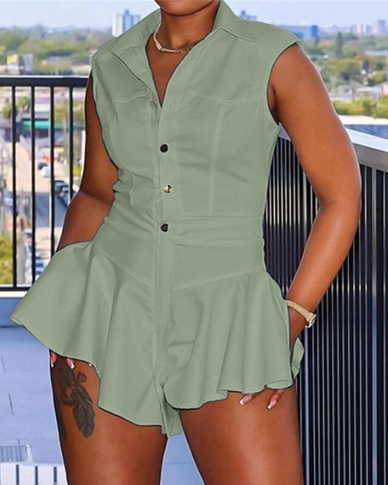 

Ruffle Hem Buttoned Sleeveless Romper, Green