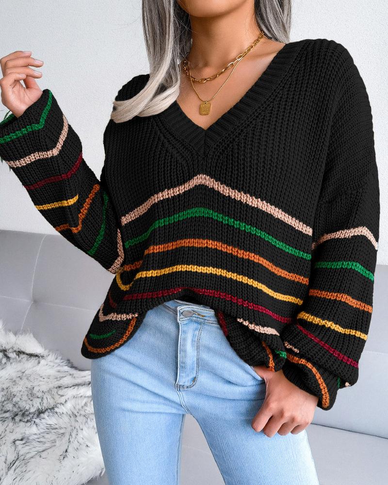 

Striped Long Sleeve V Neck Sweater, Black