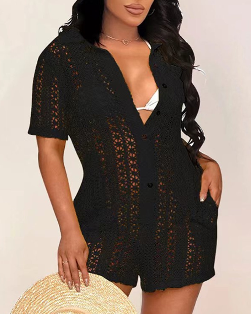 

Hollow Out Pocket Design Crochet Romper, Black